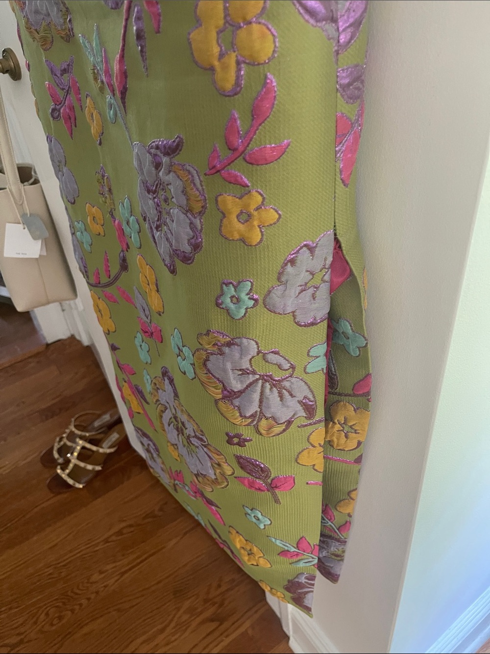 Arianne Elmy maxi Dress green w pink lining and Multicolor Floral Jacquard new - Picture 6 of 7